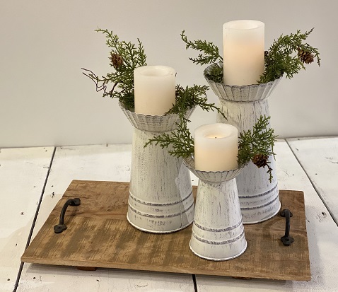CANDLE PILLAR HOLDERS SET OF 3 WHITE WASHED METAL